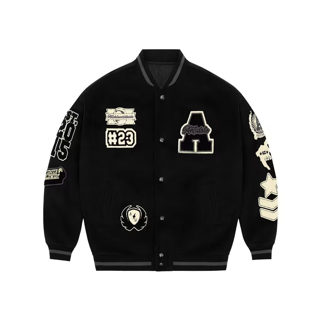 Muchic Contrast Embroidered Baseball Jacket Black / M Coats & Jackets