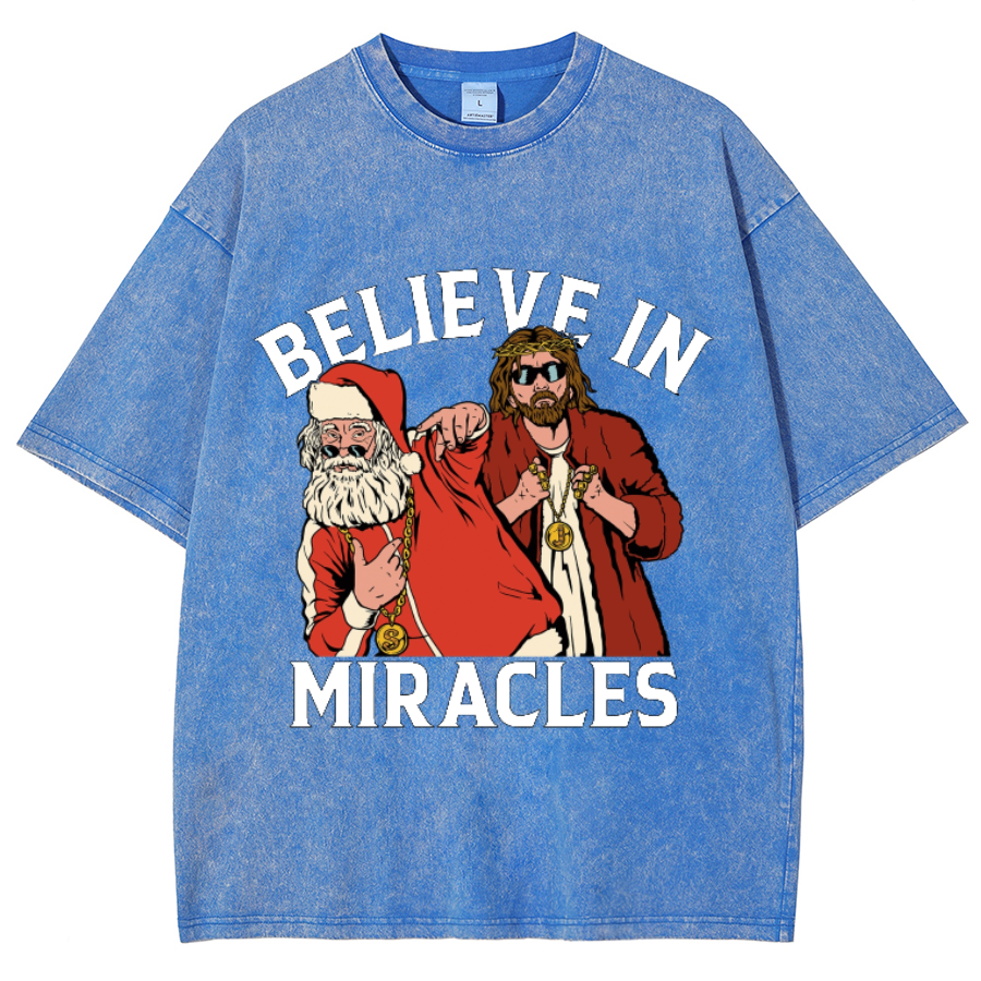 Muchic Believe In Miracles Unisex Oversized Print Vintage Wash Denim T-Shirt