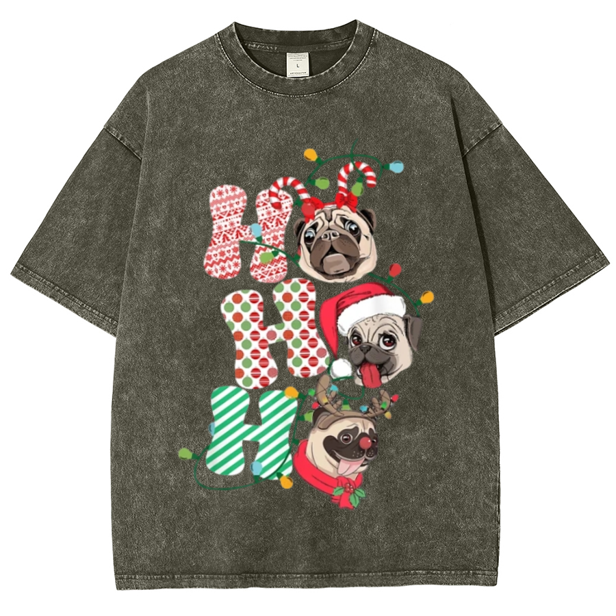 Muchic Pug Christmas Unisex Oversized Print Vintage Wash Denim T-Shirt