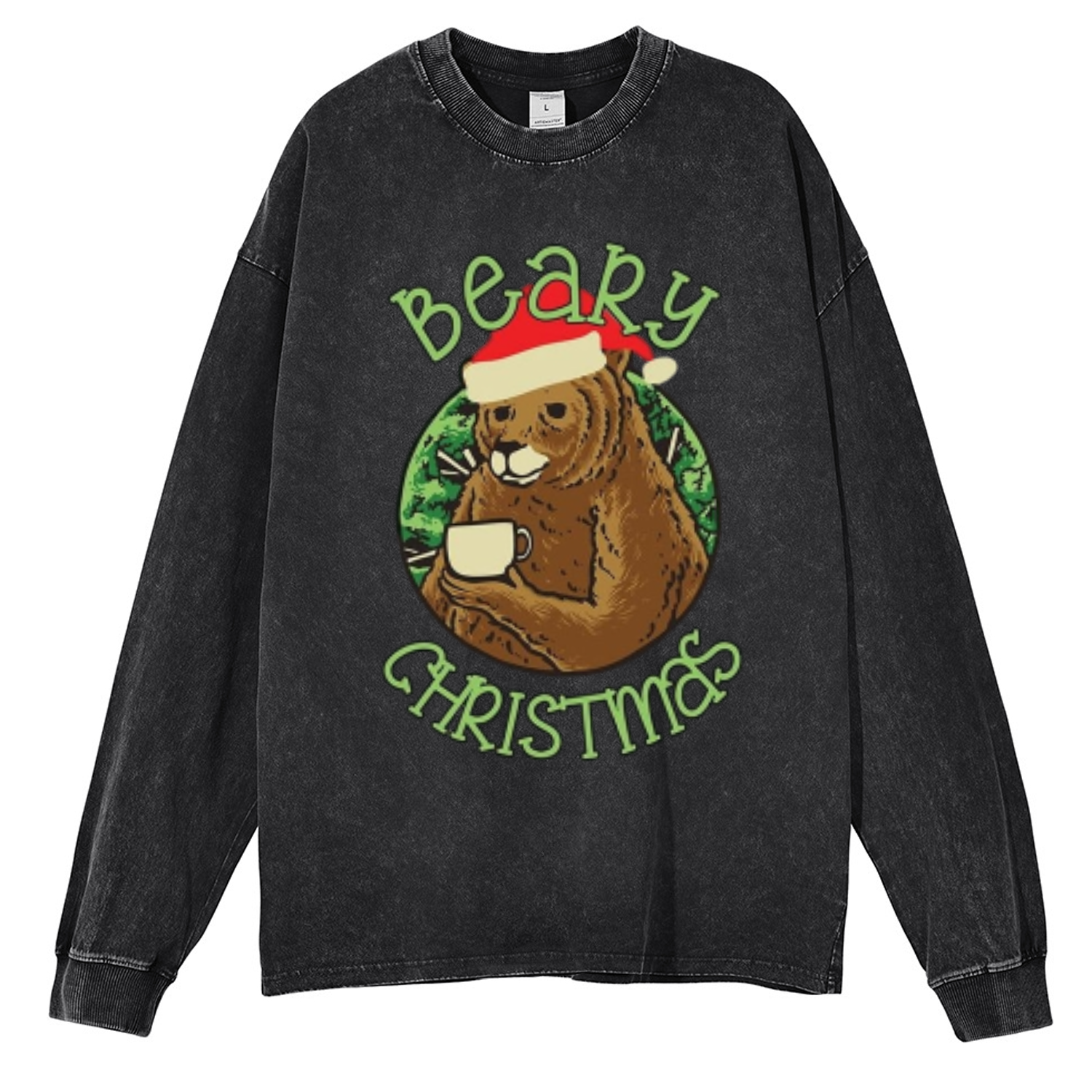 Muchic Beary Christmas Unisex Casual Washed Printed Round Neck Long Sleeve T-shirt