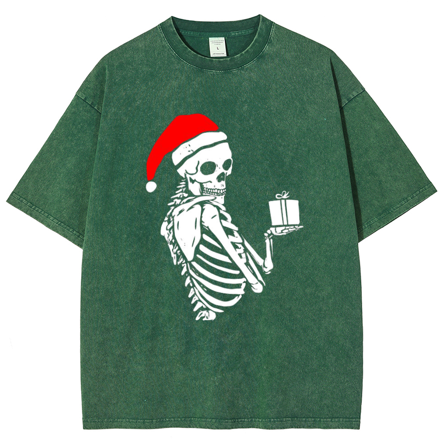 Muchic Christmas Skeleton Unisex Oversized Print Vintage Wash Denim T-Shirt