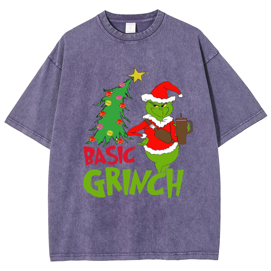 Muchic Basic Grinch Unisex Oversized Print Vintage Wash Denim T-Shirt