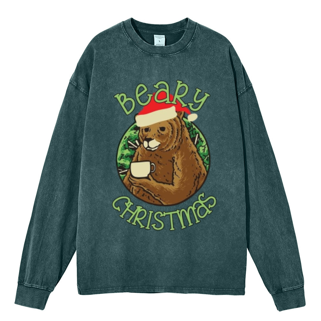 Muchic Beary Christmas Unisex Casual Washed Printed Round Neck Long Sleeve T-shirt