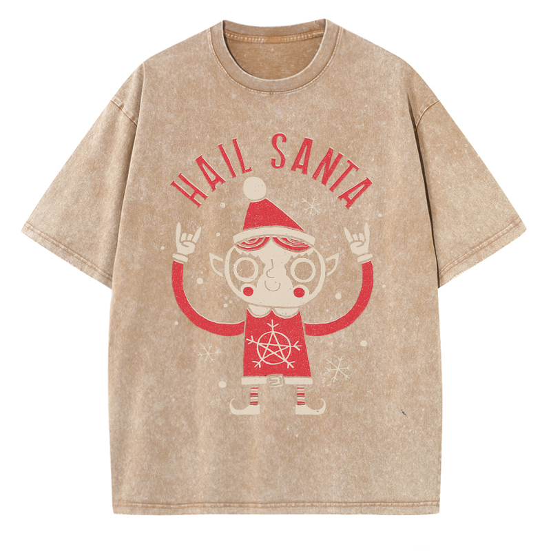 Muchic Unisex Hail Santa Printed Retro Washed Short Sleeved T-Shirt