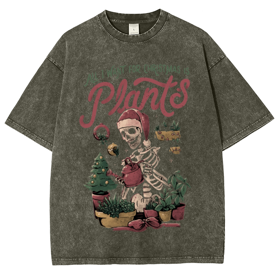 Muchic Christmas Plants Unisex Oversized Print Vintage Wash Denim T-Shirt