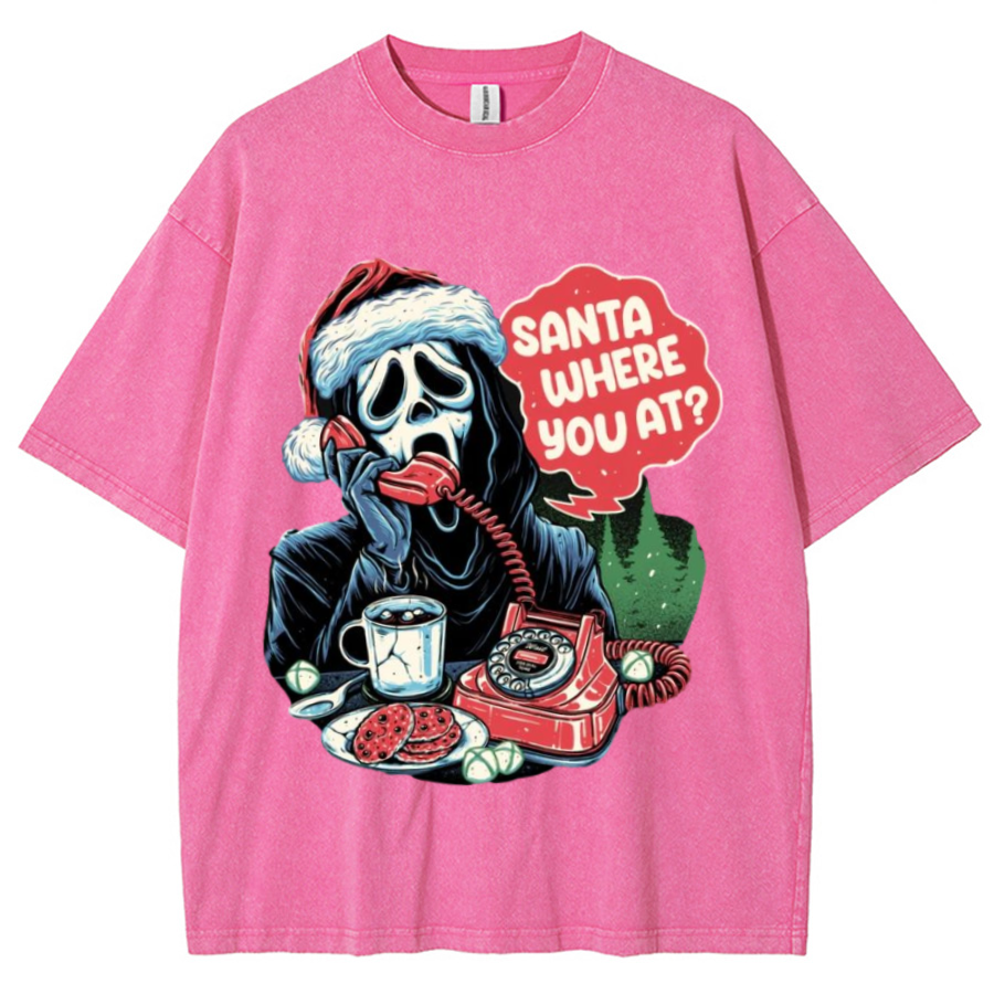 Muchic Santa Where You At Unisex Printed Retro Washed Short Sleeved T-Shirt