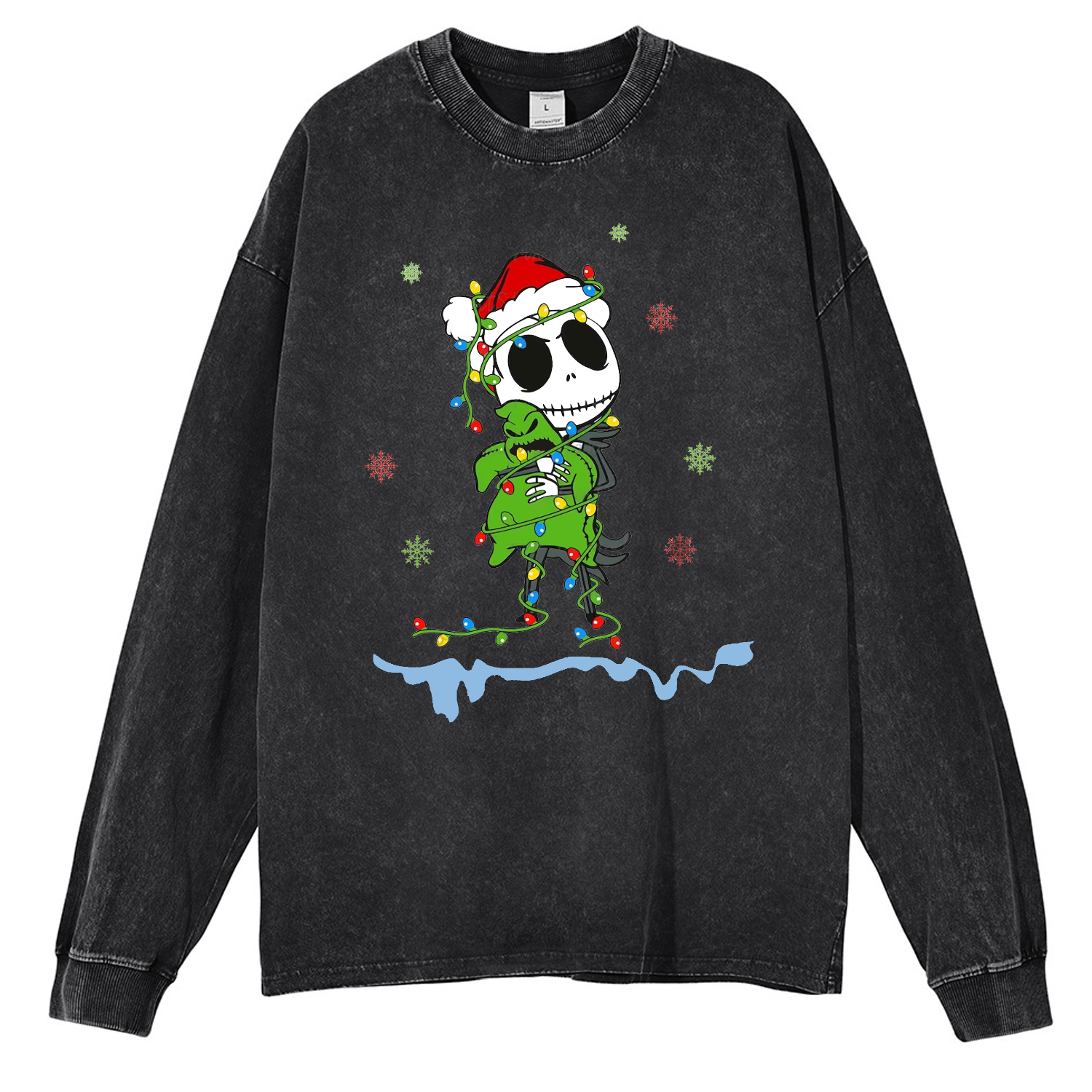 Muchic Unisex Casual Washed Christmas Nightmare Printed Round Neck Long Sleeve T-shirt