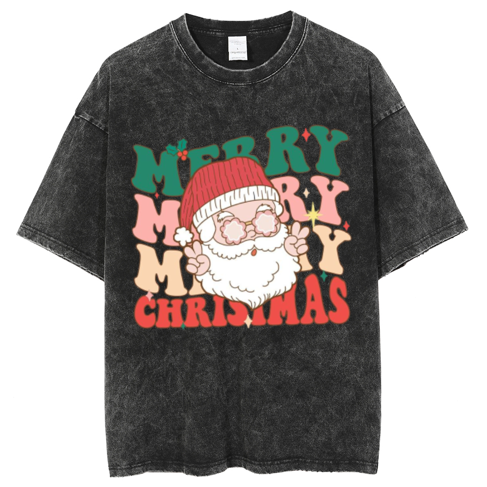 Muchic Merry Christmas Unisex Oversized Print Vintage Wash Denim T-Shirt