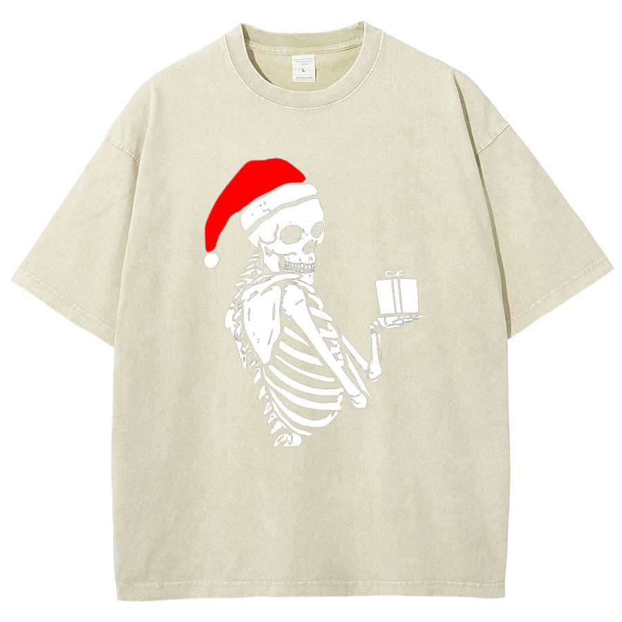 Muchic Christmas Skeleton Unisex Oversized Print Vintage Wash Denim T-Shirt