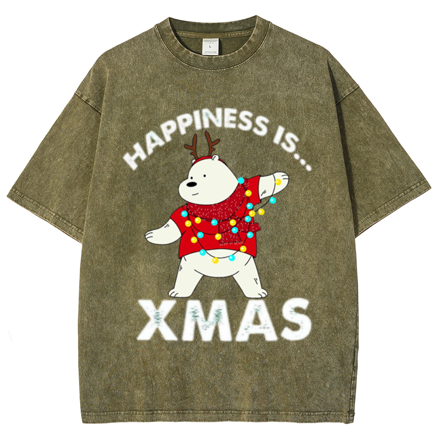 Muchic Happiness Is Xmas Unisex Oversized Print Vintage Wash Denim T-Shirt