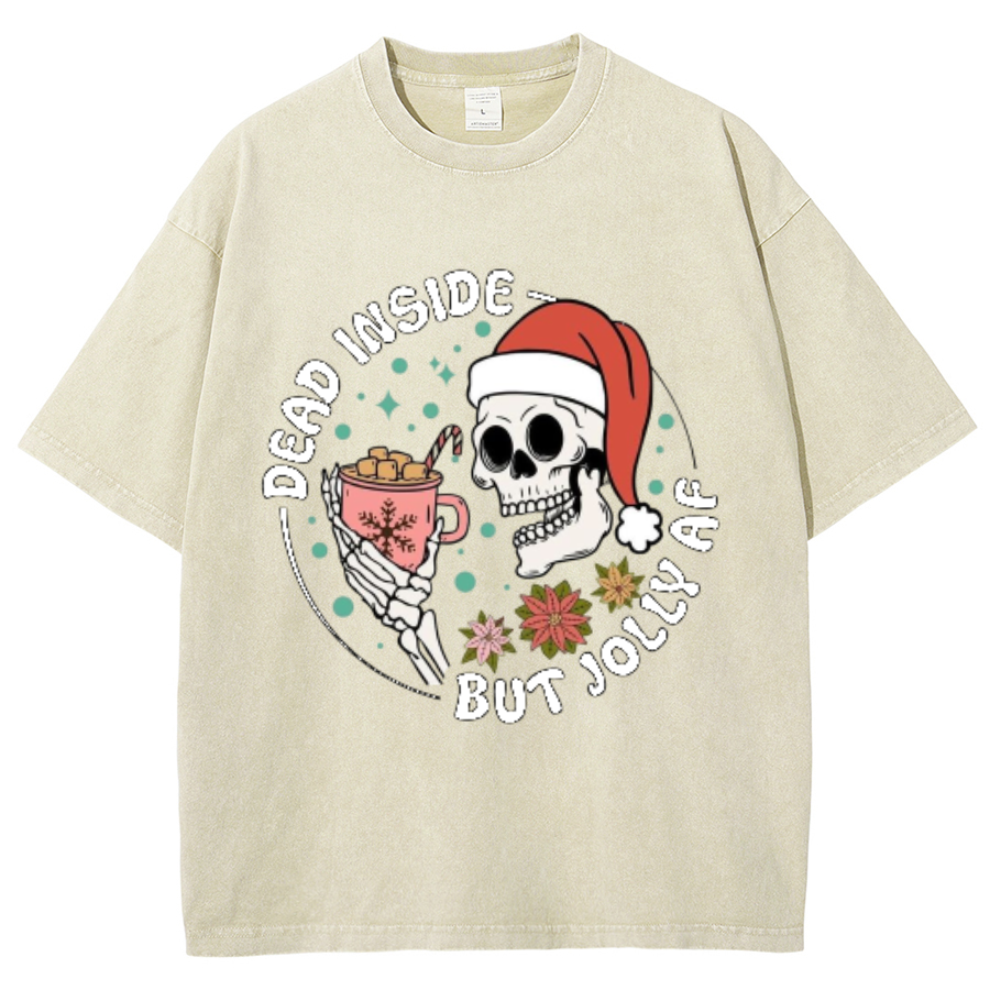 Muchic Dead Inside But Jolly Af Unisex Oversized Print Vintage Wash Denim T-Shirt