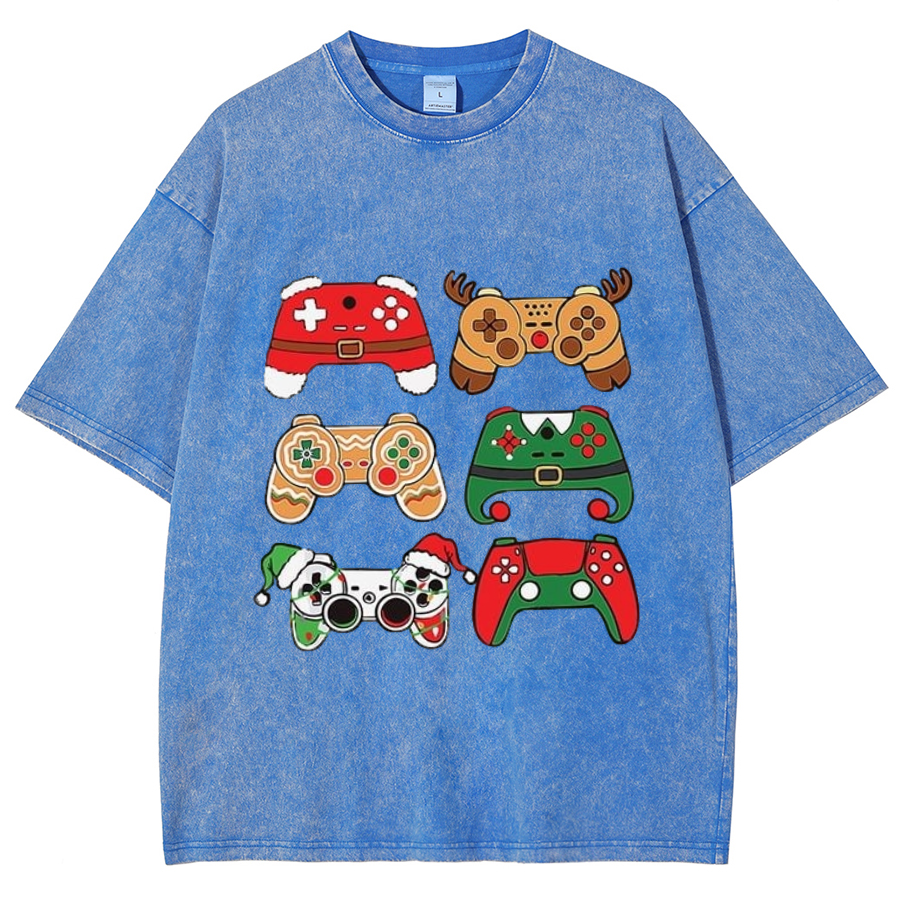 Muchic Game Christmas Unisex Oversized Print Vintage Wash Denim T-Shirt