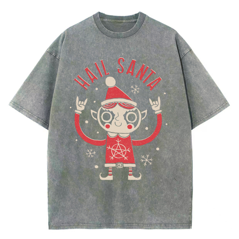 Muchic Unisex Hail Santa Printed Retro Washed Short Sleeved T-Shirt