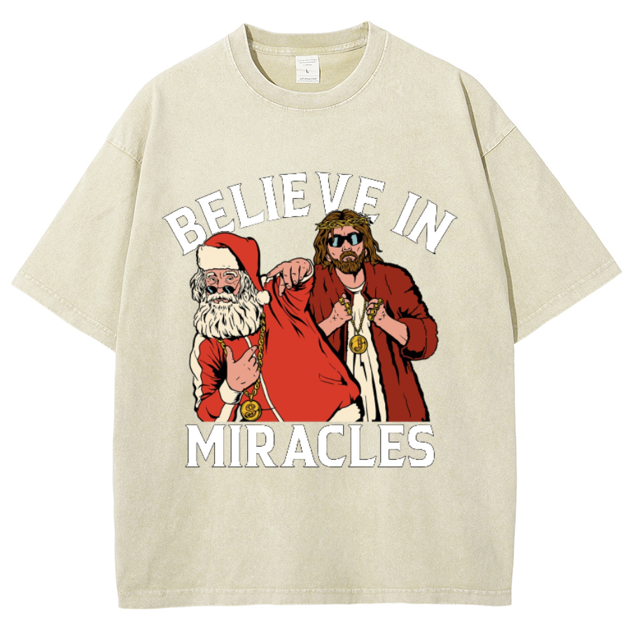 Muchic Believe In Miracles Unisex Oversized Print Vintage Wash Denim T-Shirt