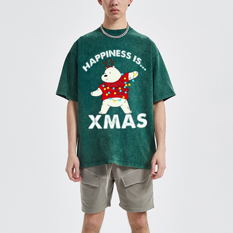 Muchic Happiness Is Xmas Unisex Oversized Print Vintage Wash Denim T-Shirt