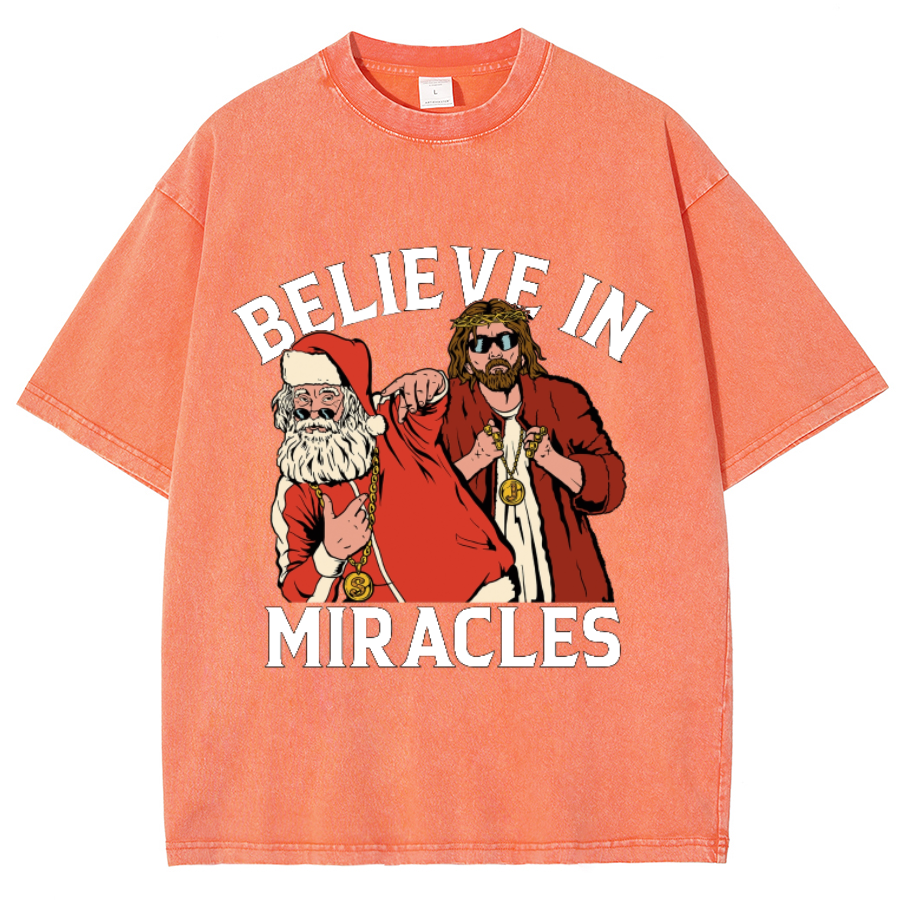 Muchic Believe In Miracles Unisex Oversized Print Vintage Wash Denim T-Shirt