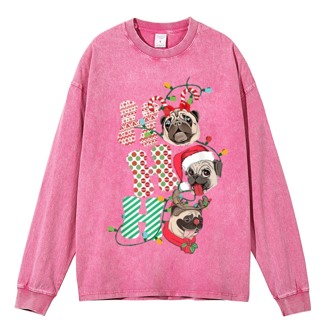 Muchic Pug Christmas Unisex Casual Washed Printed Round Neck Long Sleeve T-shirt