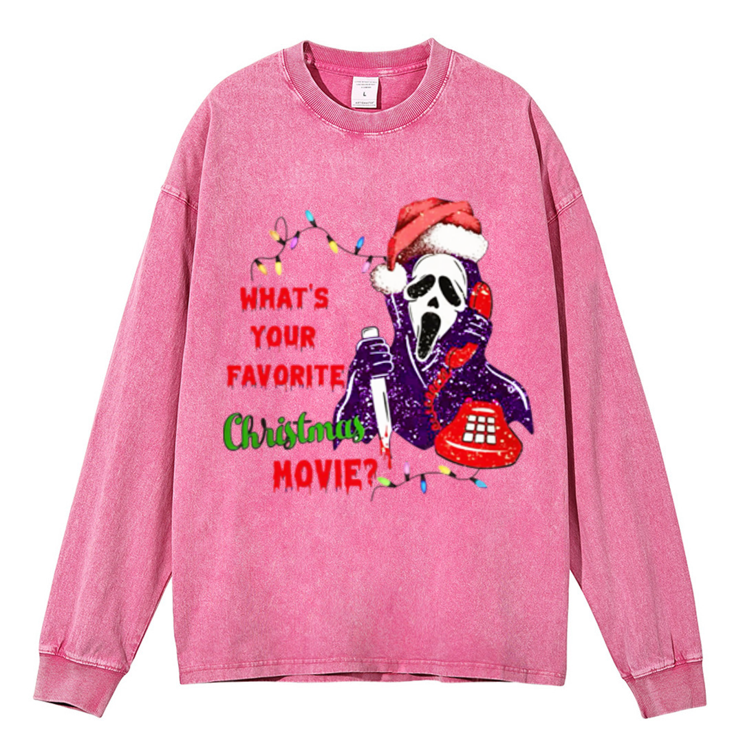 Muchic Christmas Movie Unisex Casual Washed Printed Round Neck Long Sleeve T-shirt