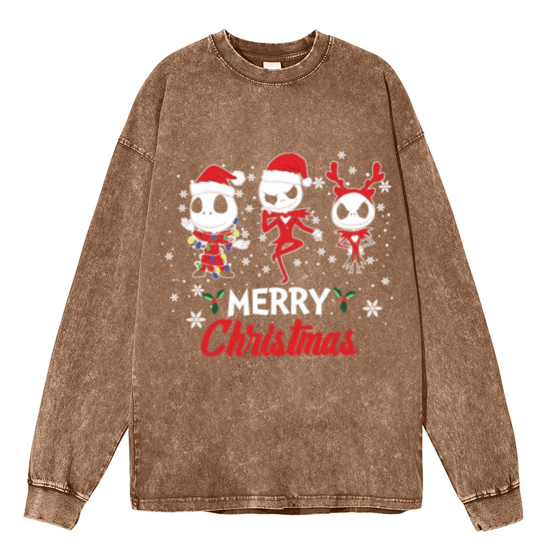 Muchic Merry Christmas Unisex Casual Washed Printed Round Neck Long Sleeve T-shirt