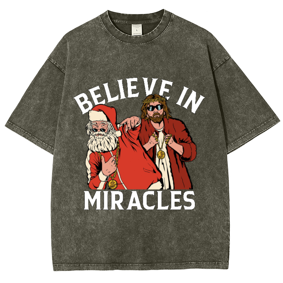 Muchic Believe In Miracles Unisex Oversized Print Vintage Wash Denim T-Shirt