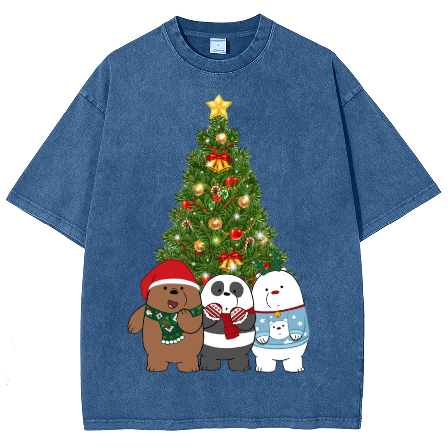 Muchic Bear Christmas Unisex Oversized Print Vintage Wash Denim T-Shirt