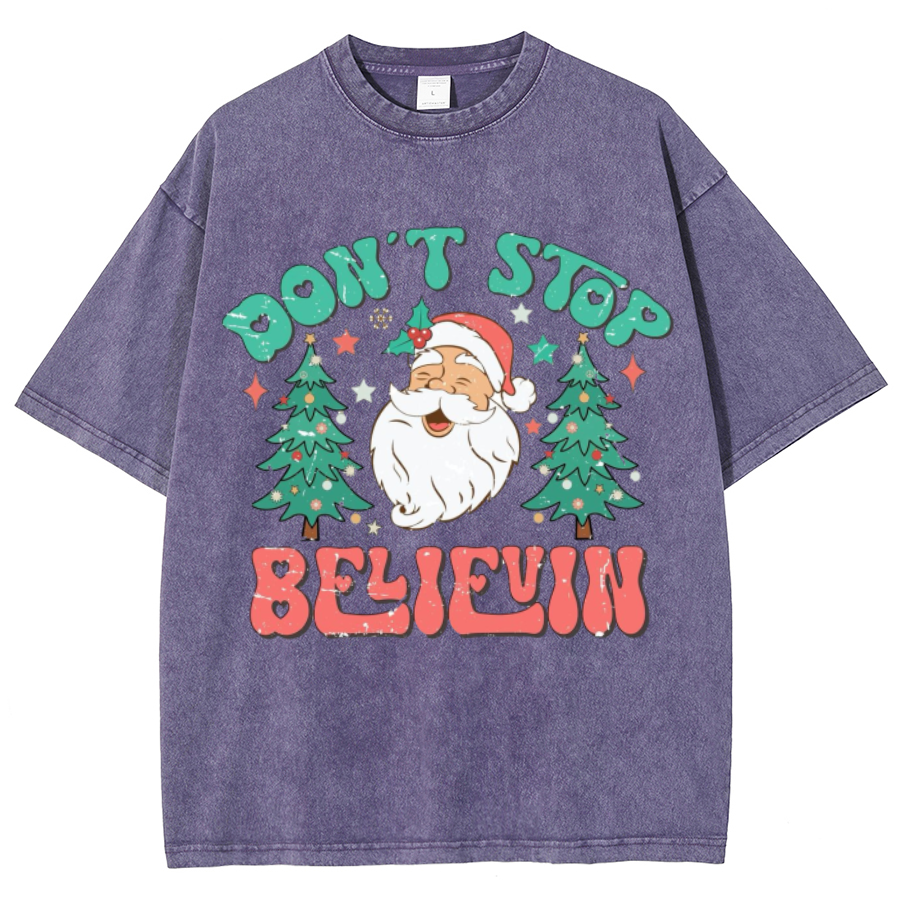 Muchic Dont Stop Believin Unisex Oversized Print Vintage Wash Denim T-Shirt