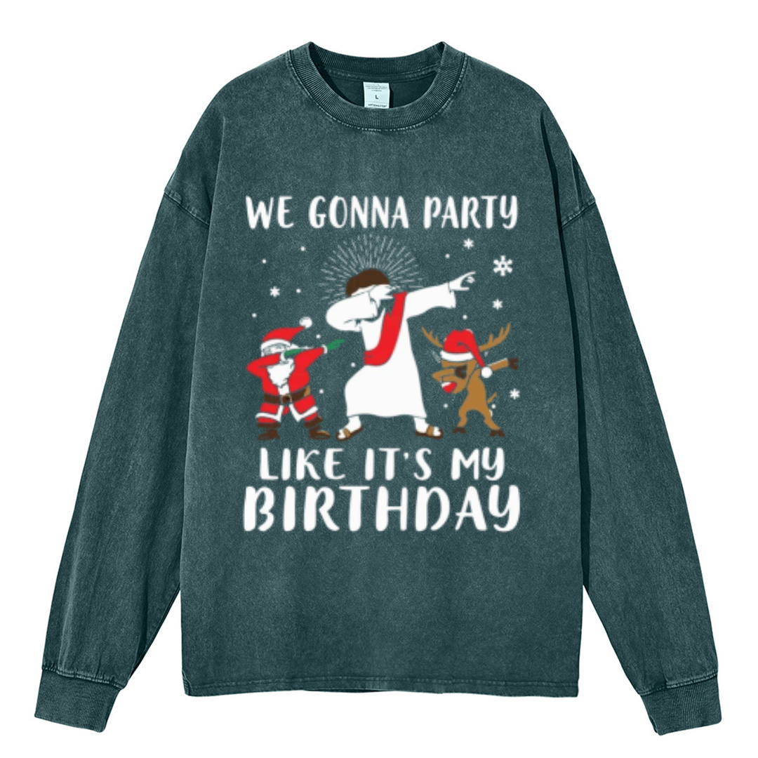 Muchic We Gonna Party Unisex Casual Washed Printed Round Neck Long Sleeve T-shirt