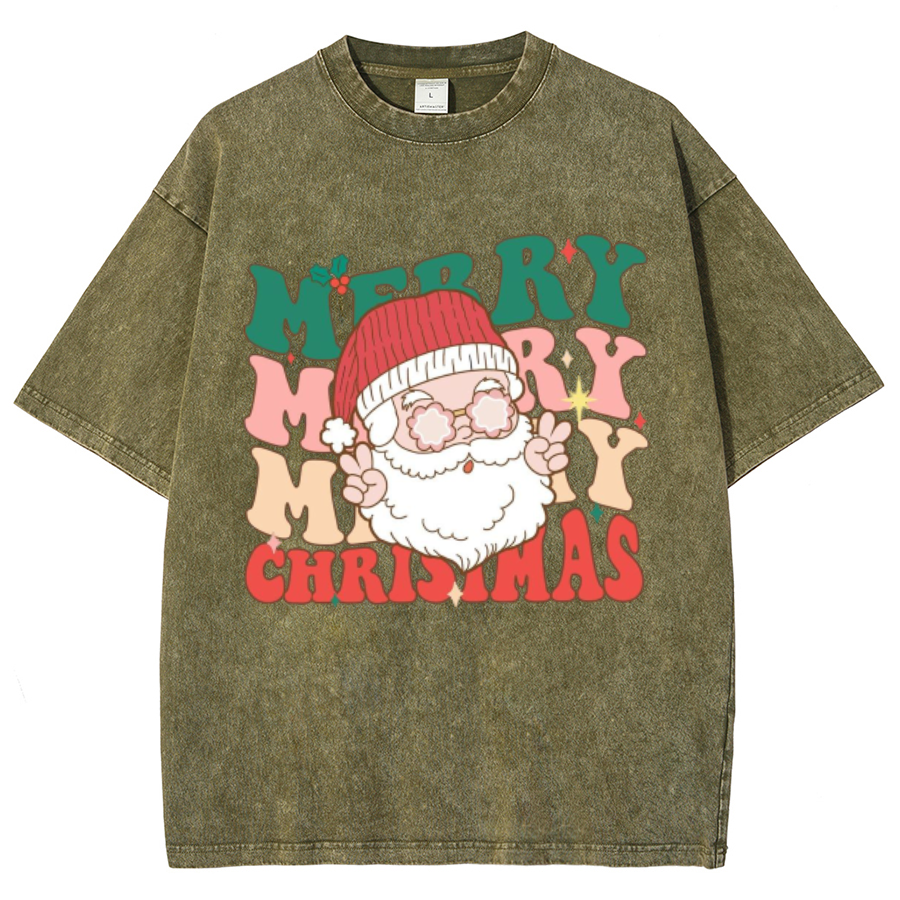 Muchic Merry Christmas Unisex Oversized Print Vintage Wash Denim T-Shirt