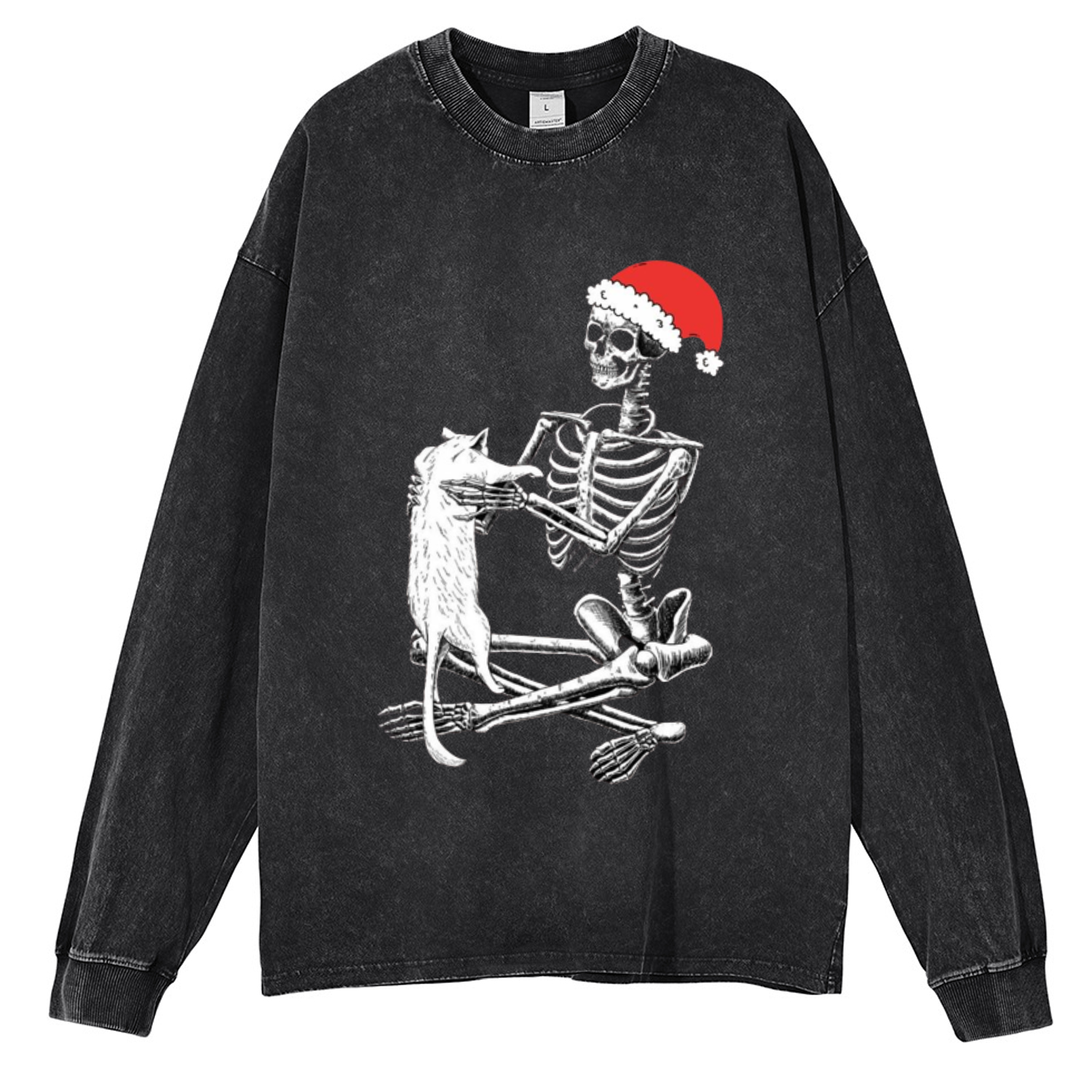 Muchic Christmas Skeleton And Cat Unisex Casual Washed Printed Round Neck Long Sleeve T-shirt