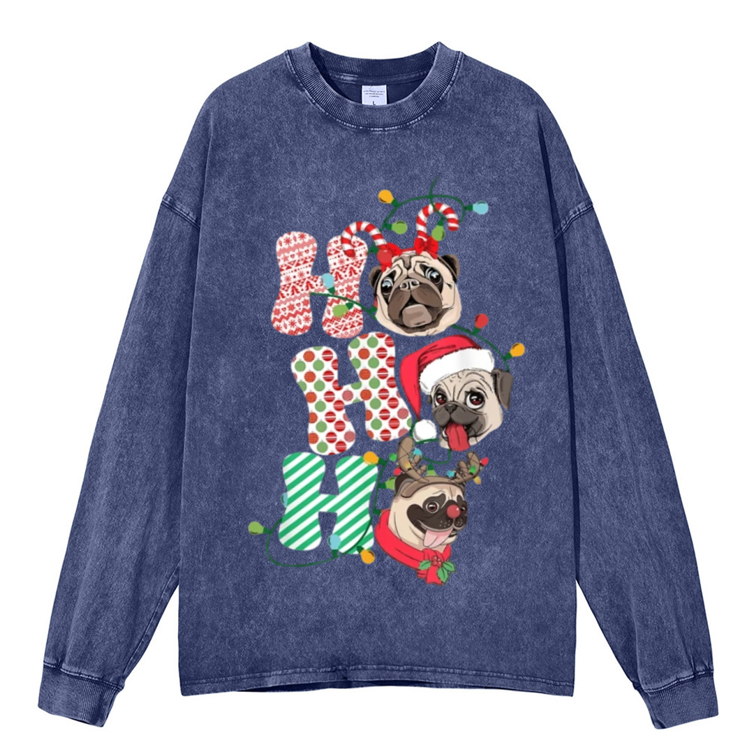 Muchic Pug Christmas Unisex Casual Washed Printed Round Neck Long Sleeve T-shirt