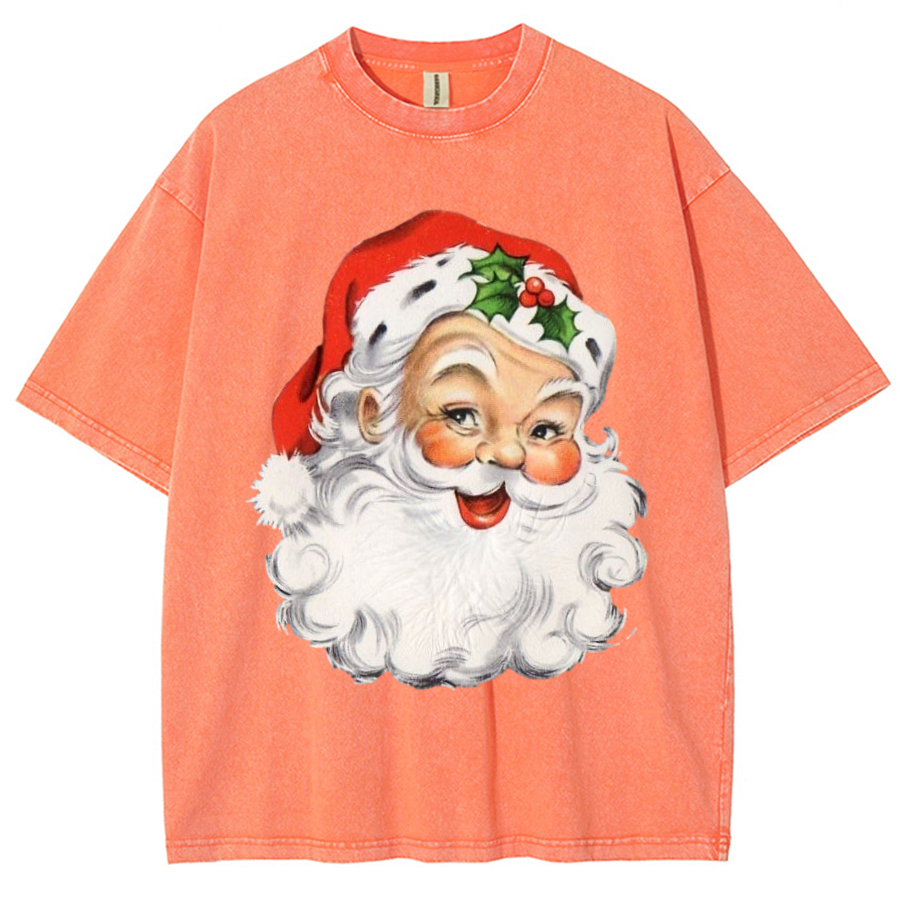 Muchic Santa Claus Unisex Printed Retro Washed Short Sleeved T-Shirt