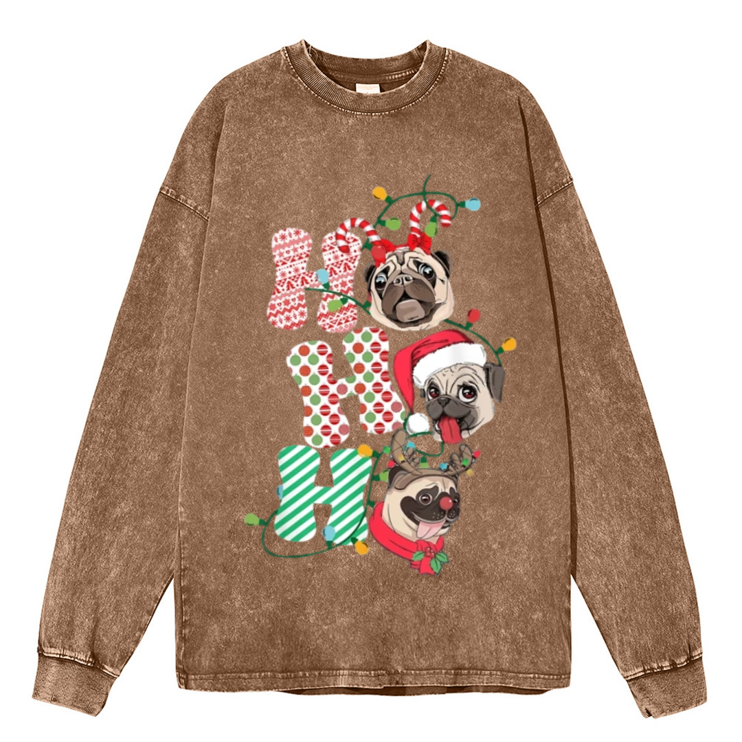 Muchic Pug Christmas Unisex Casual Washed Printed Round Neck Long Sleeve T-shirt