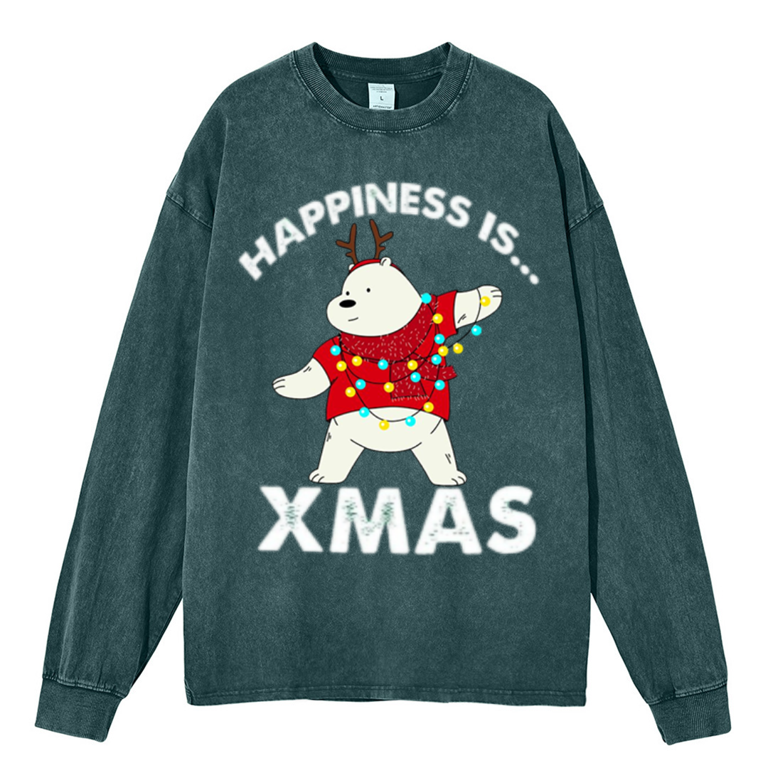 Muchic Happiness Is Xmas Unisex Casual Washed Printed Round Neck Long Sleeve T-shirt