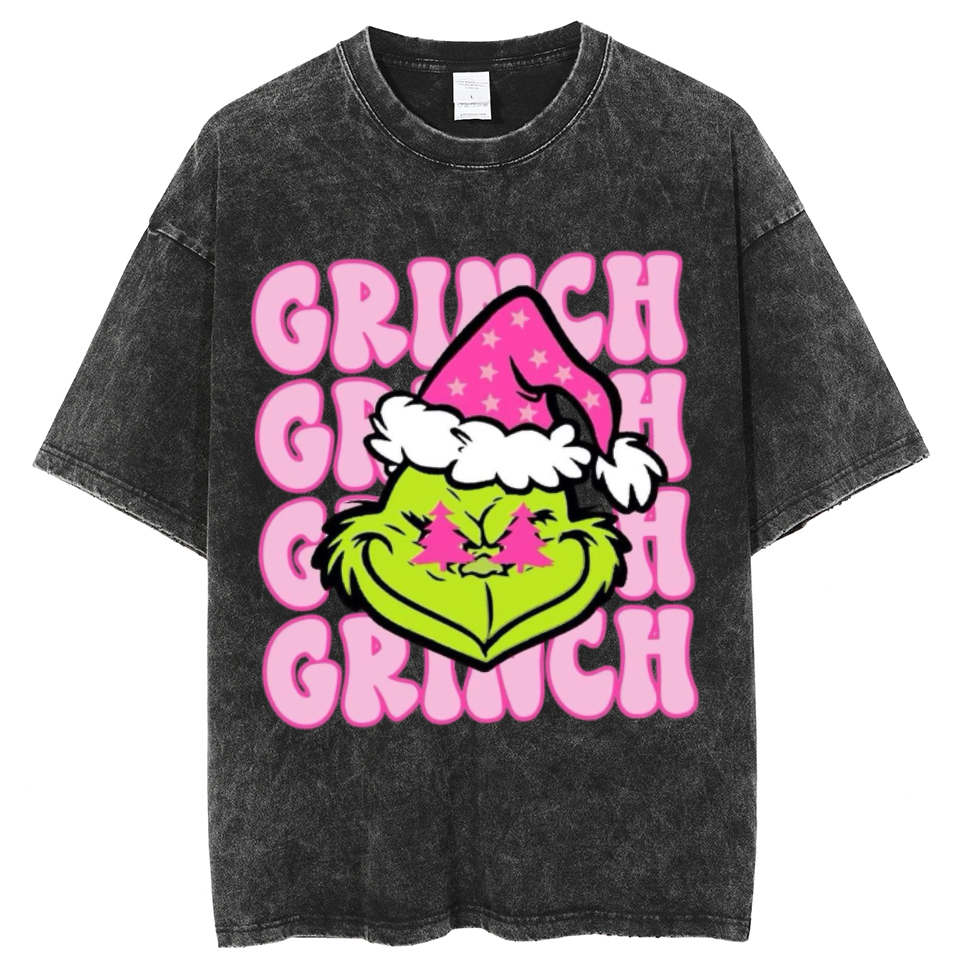 Muchic Grinch Unisex Oversized Print Vintage Wash Denim T-Shirt