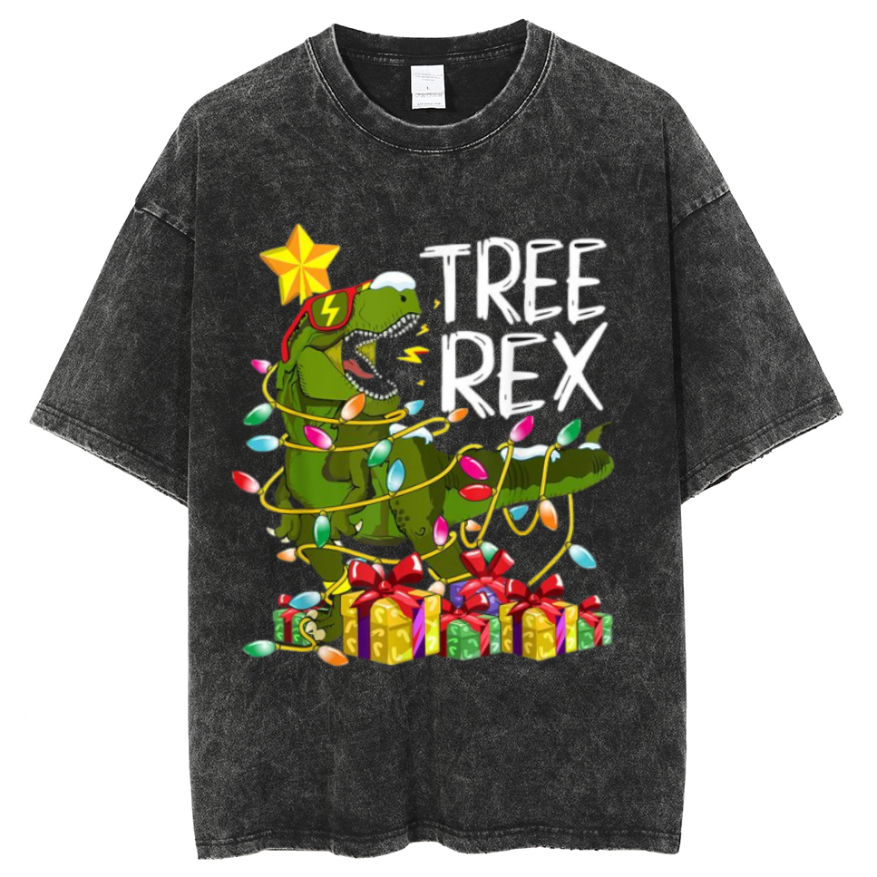 Muchic Tree Rex Unisex Oversized Print Vintage Wash Denim T-Shirt