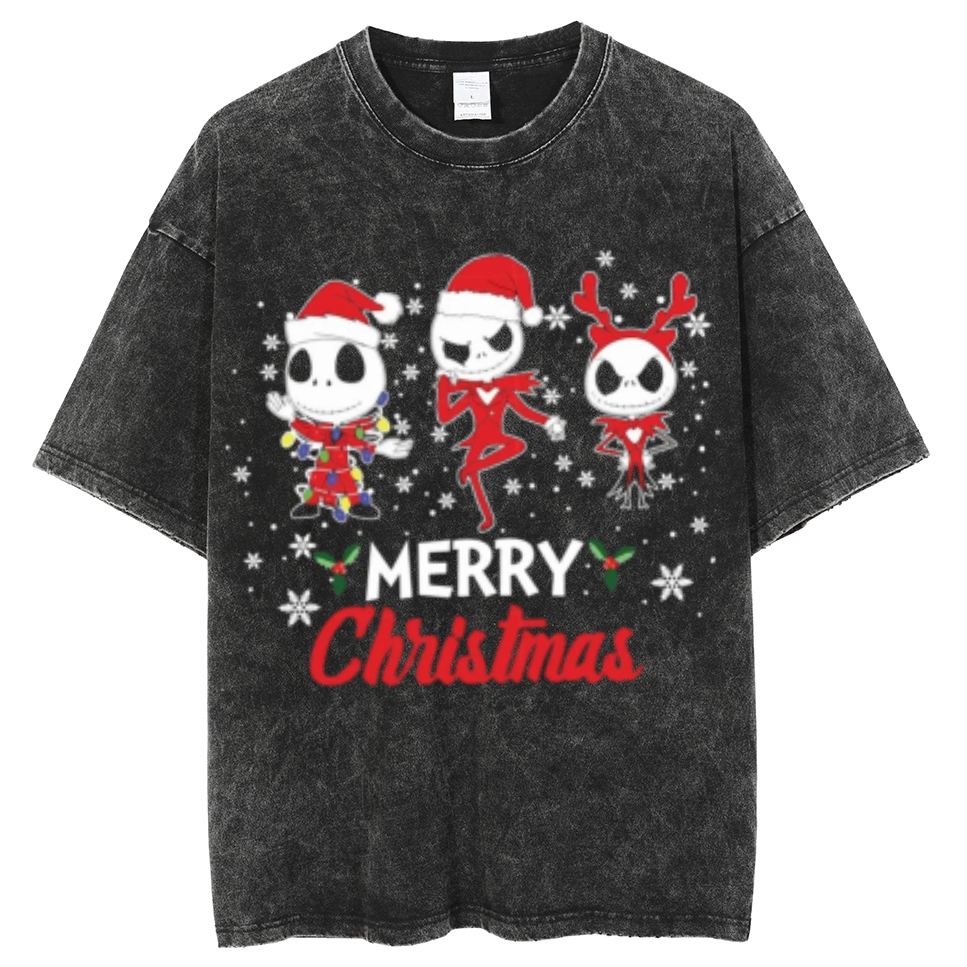 Muchic Merry Christmas Unisex Oversized Print Vintage Wash Denim T-Shirt