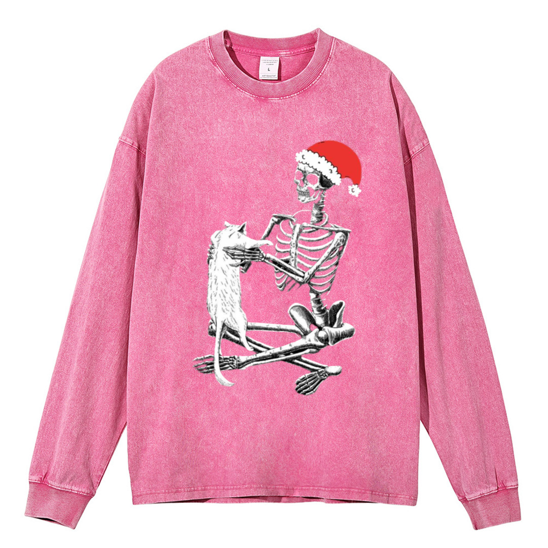 Muchic Christmas Skeleton And Cat Unisex Casual Washed Printed Round Neck Long Sleeve T-shirt