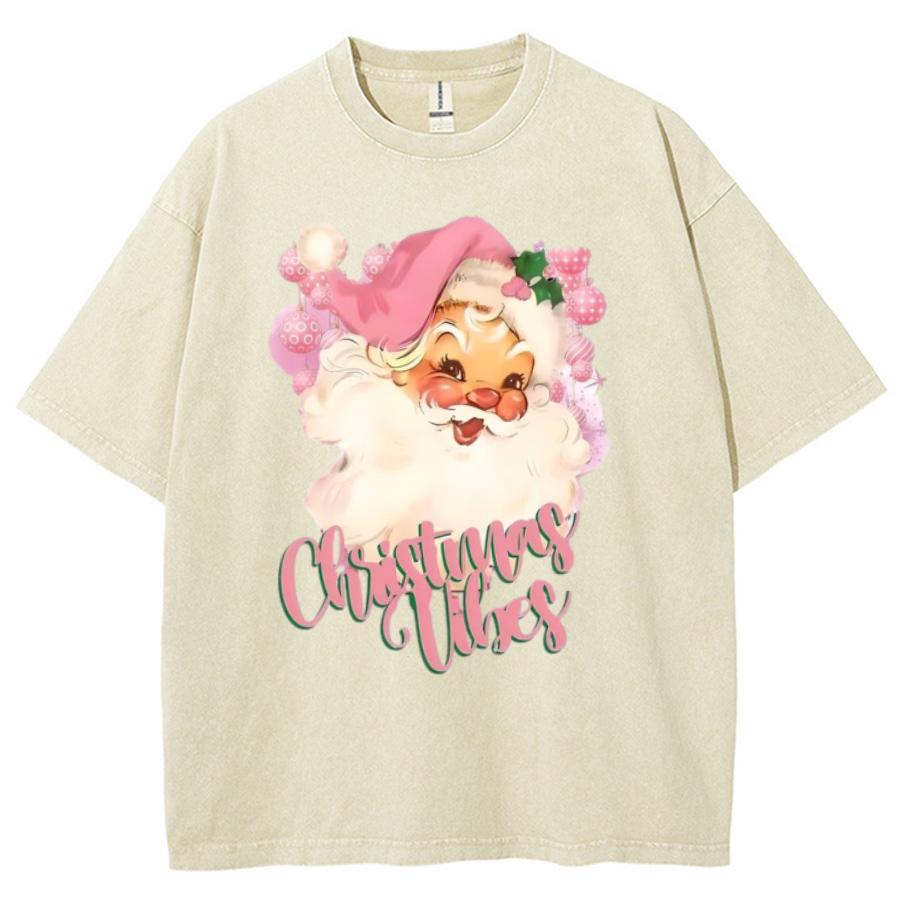 Muchic Christmas Vibes Unisex Printed Retro Washed Short Sleeved T-Shirt