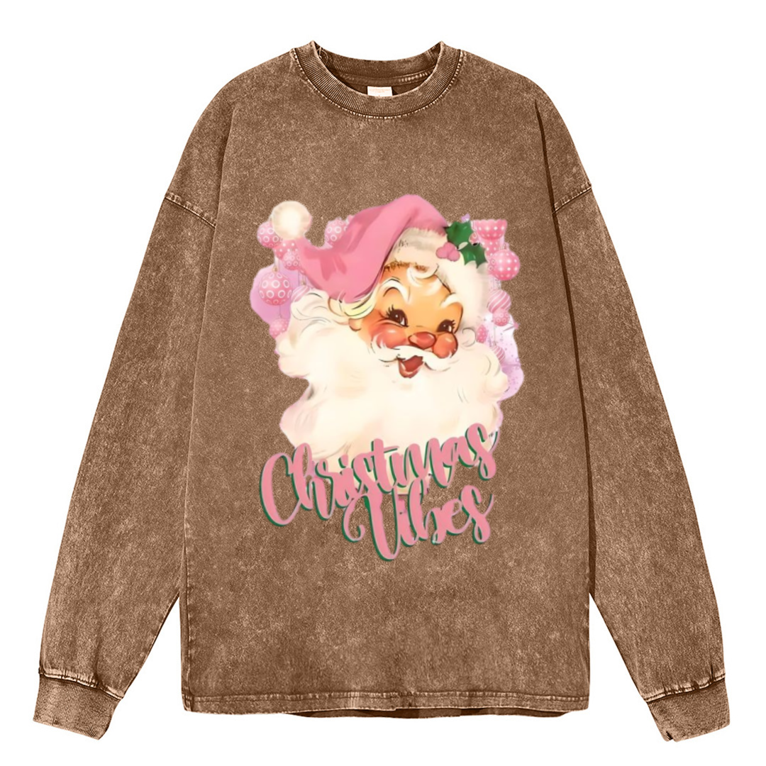 Muchic Christmas Vibes Unisex Casual Washed Printed Round Neck Long Sleeve T-shirt