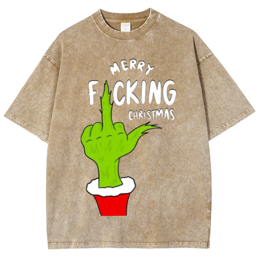 Muchic Merry Fucking Christmas Unisex Oversized Print Vintage Wash Denim T-Shirt