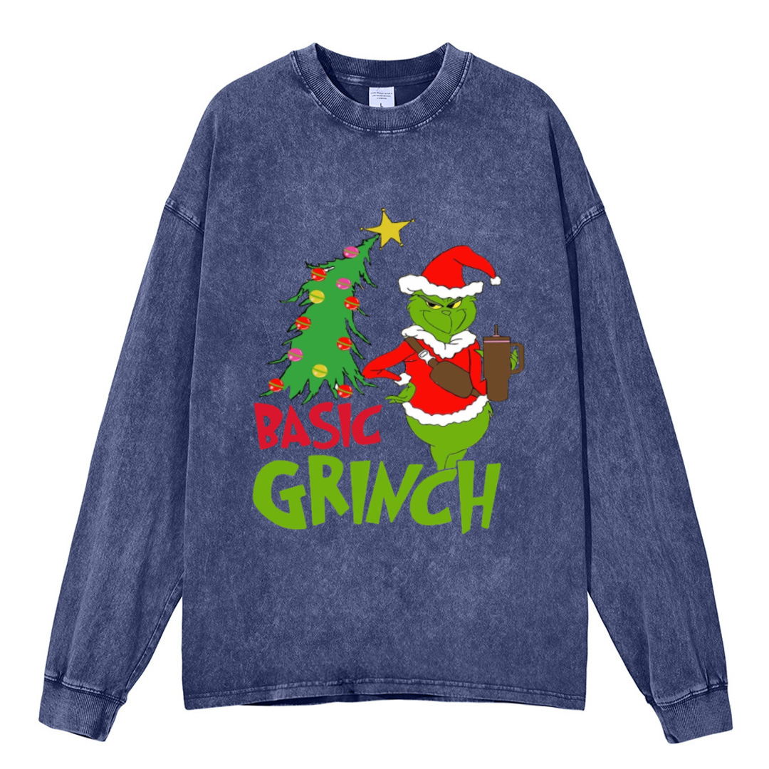 Muchic Basic Grinch Unisex Casual Washed Printed Round Neck Long Sleeve T-shirt