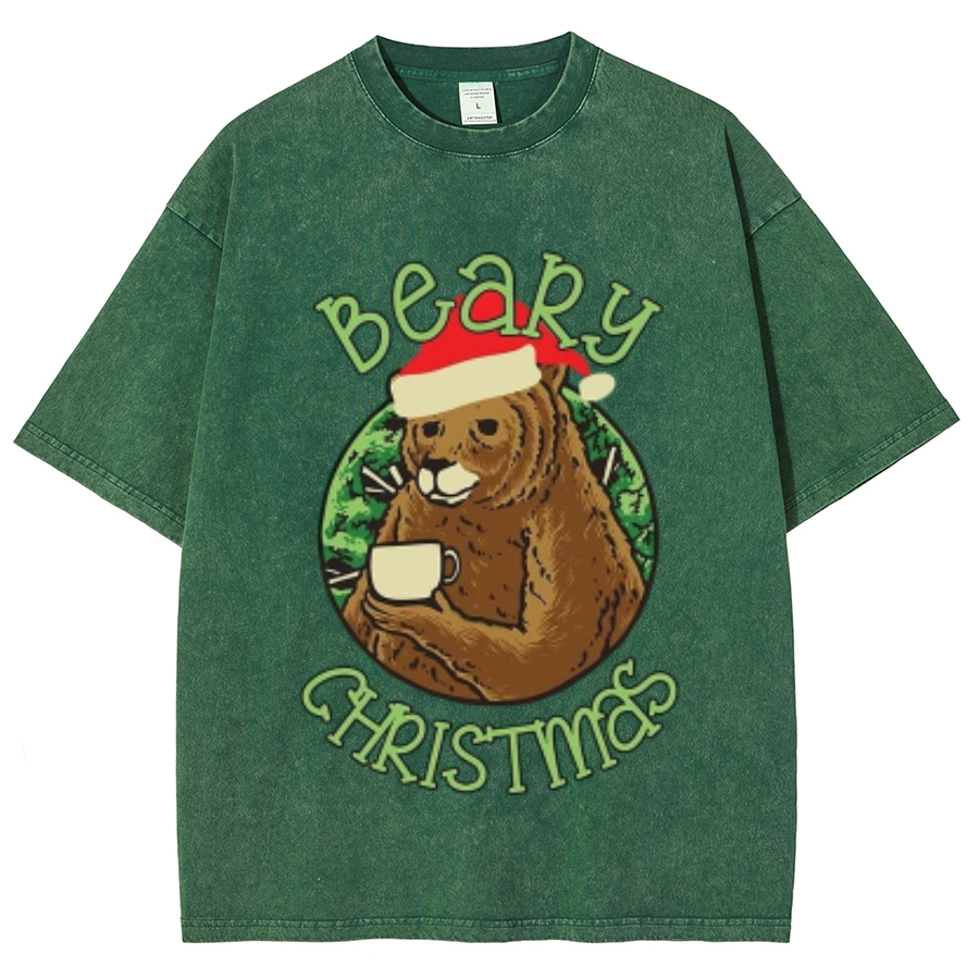 Muchic Beary Christmas Unisex Oversized Print Vintage Wash Denim T-Shirt