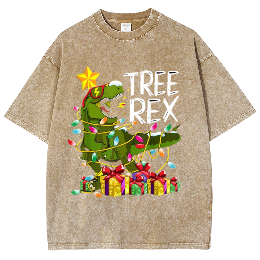 Muchic Tree Rex Unisex Oversized Print Vintage Wash Denim T-Shirt