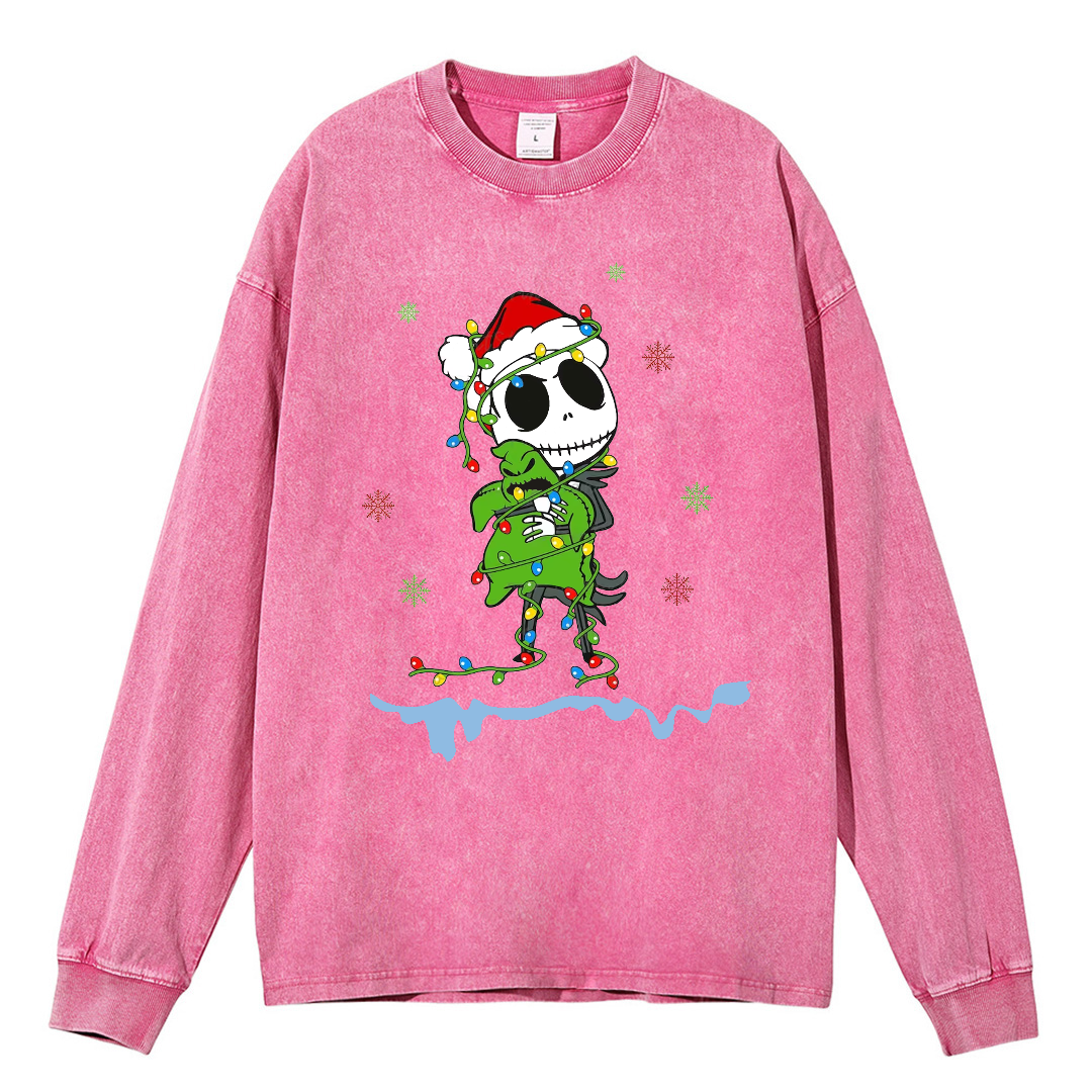 Muchic Unisex Casual Washed Christmas Nightmare Printed Round Neck Long Sleeve T-shirt