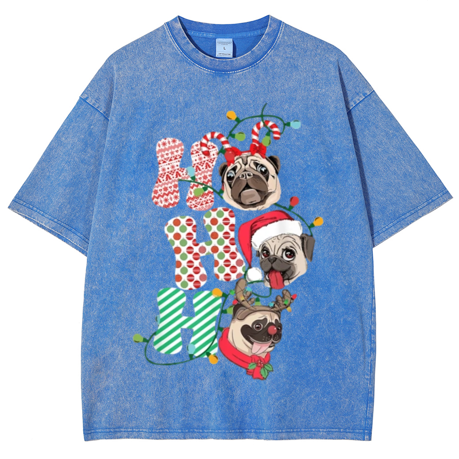 Muchic Pug Christmas Unisex Oversized Print Vintage Wash Denim T-Shirt