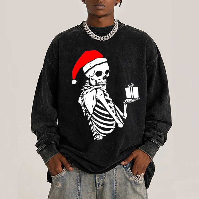 Muchic Christmas Skeleton Unisex Casual Washed Printed Round Neck Long Sleeve T-shirt