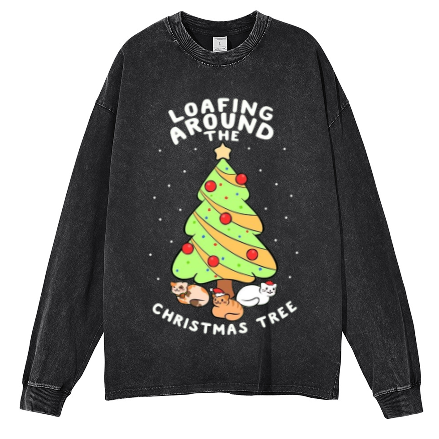 Muchic Christmas Tree Unisex Casual Washed Printed Round Neck Long Sleeve T-shirt