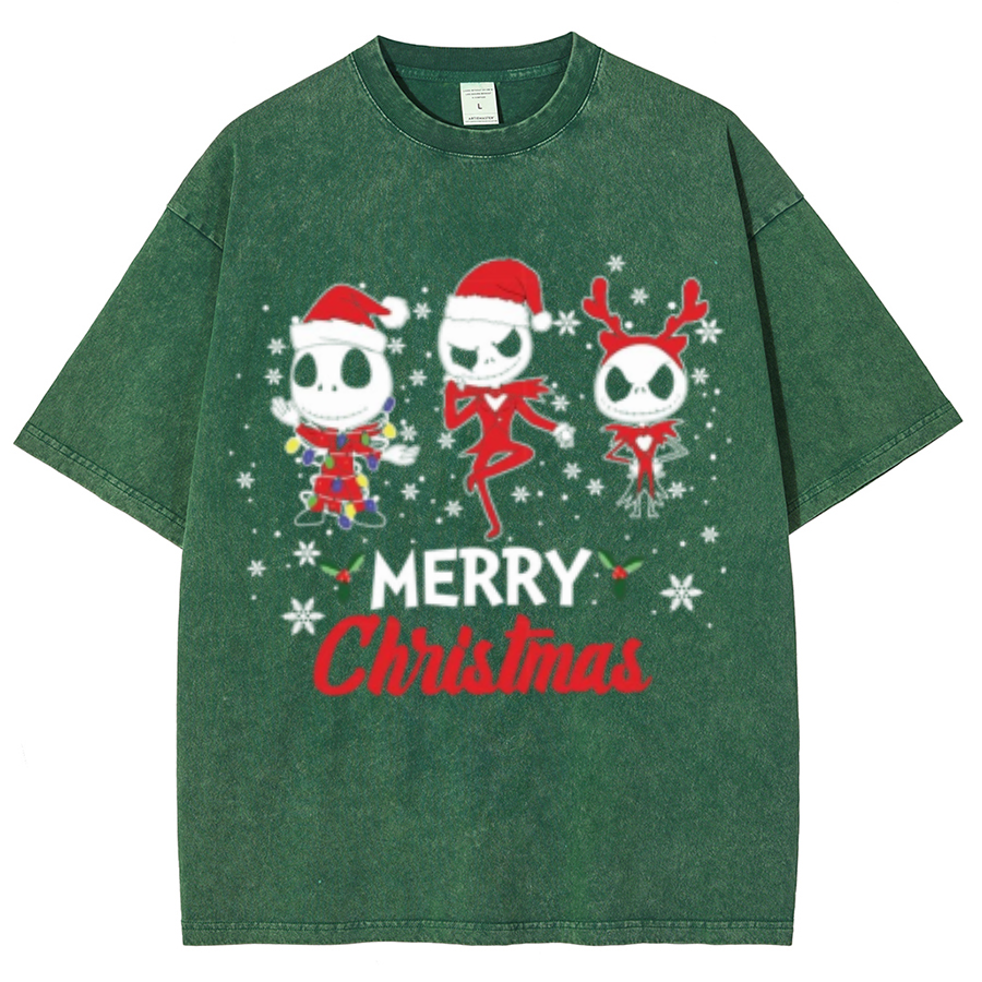 Muchic Merry Christmas Unisex Oversized Print Vintage Wash Denim T-Shirt