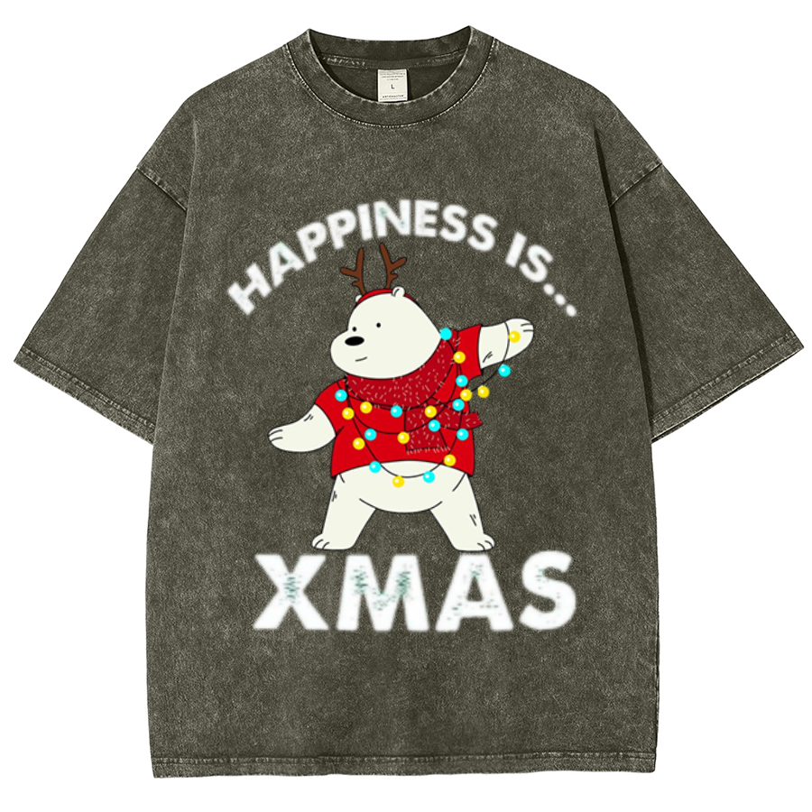 Muchic Happiness Is Xmas Unisex Oversized Print Vintage Wash Denim T-Shirt