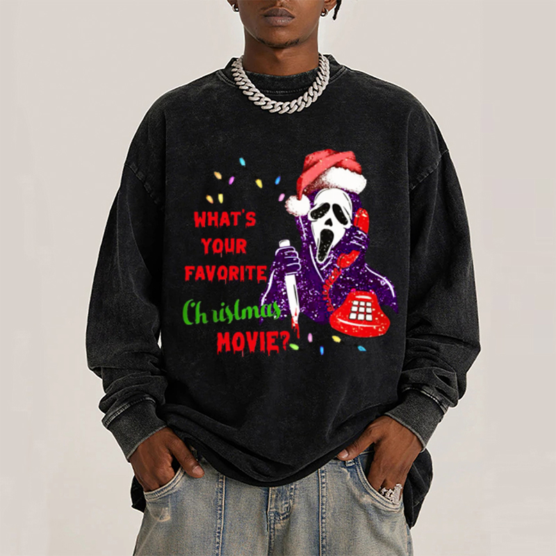 Muchic Christmas Movie Unisex Casual Washed Printed Round Neck Long Sleeve T-shirt